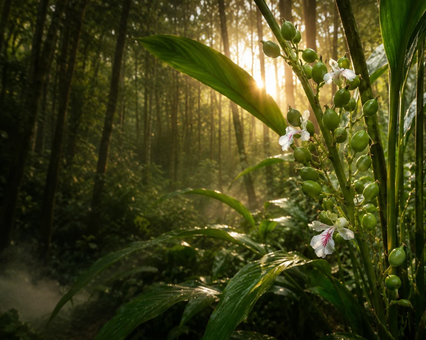 Sunlit cardamom plant with flowers and ripening pods, backlit in the forest